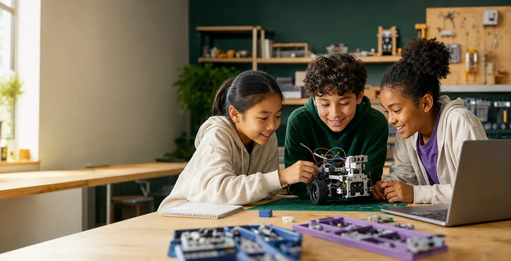 Three children build and test a robot together in a robotics classroom