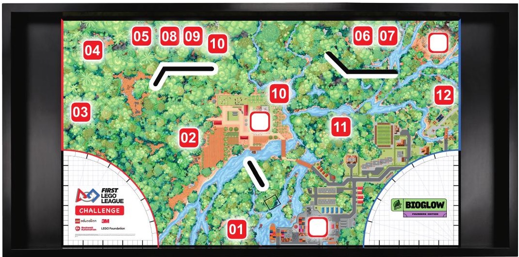 BIOGLOW robot game field with numbered mission locations and three interchangeable model docks